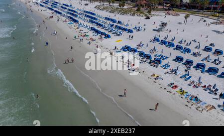 Drone Soars Over Clearwater Beach Oasis: Aerial Views of Resort Luxury, Coastal Charm, and Gulf Adventures in Florida's Premier Stock Photo