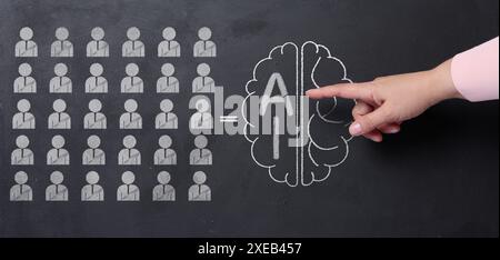 Chalk-drawn icons of human figures, an equal sign with a drawn human brain, inscription artificial intelligence. Stock Photo