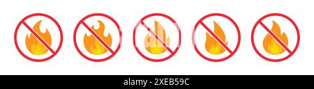 No fire icon set. Ban fire area icon symbol sign. No fire restriction vector icon set with red cross mark. No fire, stop fire sign vector icon. Stock Vector