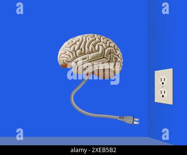 A brain is unplugged.  It mean intentionally disconnect from things which have been occupying our mind. This is a 3-d illustration. Text area & copy s Stock Photo