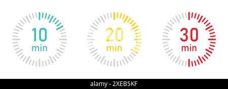 The 10, 20, 30, minutes, stopwatch vector icon. Stopwatch or countdown timer vector illustration. Set of countdown timer and stopwatch. Stock Vector