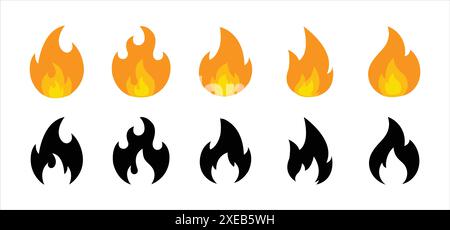 Fire flames icon set. Fire flames. Flame symbols. Fire silhouette. Set of black, yellow and orange fire flame. Collection of hot flaming element. Stock Vector