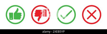 Yes or no icon. Green tick symbol and red cross sign in circle. Checkmark and check icon. Like and dislike vector icon set. Thumbs up and down. Stock Vector