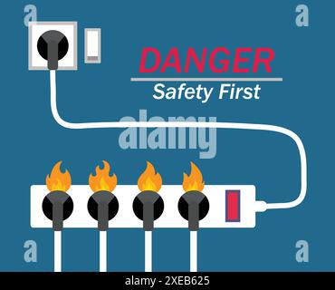 Electric circuit overload cause extension cord socket burning short circuit. Electric risk burns vector illustration. Stock Vector