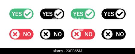 Yes and no buttons in green, black and red color icon. Check mark and cross mark button. vector illustration. Set of yes or no choice. Yes and no icon Stock Vector