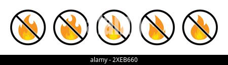 No fire restriction vector icon set with black cross mark. No fire stop fire sign vector icon. Stop fire sign with flame. Fire prohibition signs. Stock Vector
