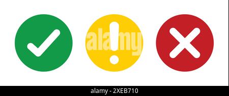 Set of flat round check mark, exclamation point, X mark icons, buttons isolated on a white background. Green check mark, red cross mark icon set. Stock Vector