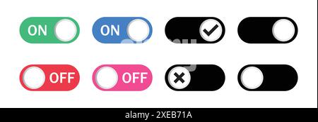 On of switch button icon set. On, off vector set colors. Switch toggle buttons on off. Vector isolated web elements. Mobile interface switch button. Stock Vector