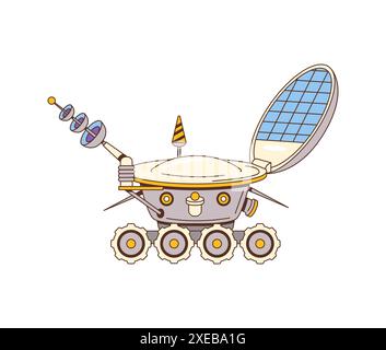 Retro groovy lunar rover space character. Isolated vector futuristic transport explores alien planet surface, its round body adorned with solar panel, wheels and antennas. Vintage, groove style rover Stock Vector