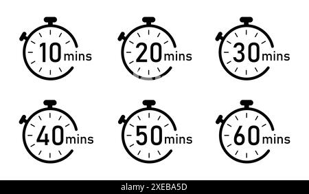 Timer, clock, stopwatch isolated vector icon. Timer icon set, timer from 10 to 60 minutes, vector illustration. 10, 20, 30, 40, 50, 60 min. Stock Vector