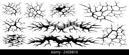 Earthquake ground cracks and holes or earth splits and wall break effects, vector background. Cracks on ground or concrete with fracture crash texture, earthquake earth land surface with destruction Stock Vector