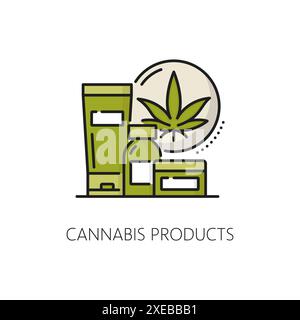 Medical cannabis color line icon, cbd and marijuana, weed extract. Vector linear symbol features range of thc health production. Green leaf, medicine bottle, cream jar, oil, cosmetics or tinctures Stock Vector