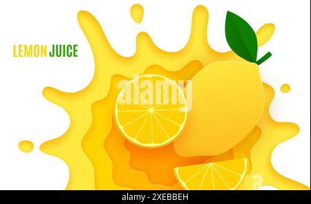 Paper cut lemon fresh juice drink with splash for fruit lemonade advertising poster, vector background. Lemon whole and half slice cut in paper cut yellow juice splashing drops for citrus soda package Stock Vector