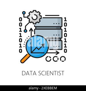 Data scientist vacancy, IT specialist job, web development career line color icon. Data science, website programming, web development outline vector icon with magnifying glass, binary code and storage Stock Vector