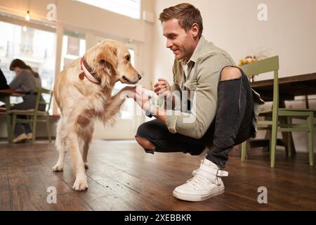Close up portrait of smiling happy dog owner in pet-friendly cafe, teaching to give paw, giving a treat to his golden retriever, Stock Photo