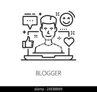Blogging line icon, social media and multimedia content creation. Isolated vector linear monochrome sign, featuring influencer person on laptop screen with internet web icons like, smile and feedback Stock Vector