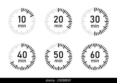 From 10 minutes to 60 minutes on stopwatch vector icon set in flat style. Countdown sign business concept. 10, 20, 30, 40, 50, 60 min, timer clock. Stock Vector