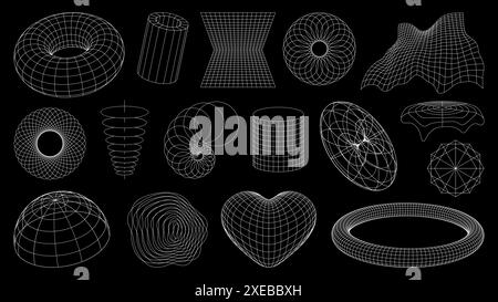 3d wireframe shapes, brutal perspective grid, retro tech mesh vector line elements. Abstract geometric shapes of 3d wire frame sphere or globe, wave, torus and heart grid, tunnel and wave meshes Stock Vector