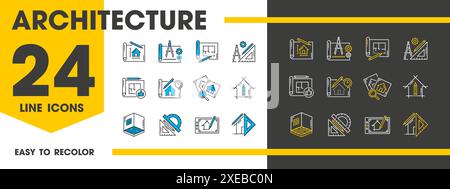 Architect development icons, renovation and interior design. Vector signs representing essential aspects of architecture like blueprints, tools, buildings, drafting equipment, and construction symbols Stock Vector