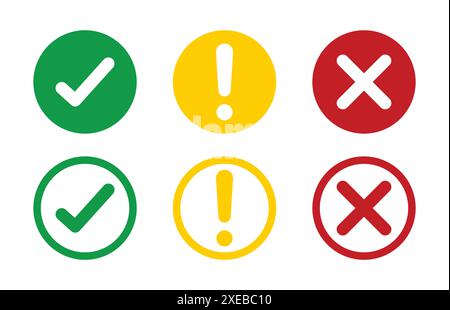 Set of flat round check mark, exclamation point, X mark icons, buttons isolated on a white background. Green check mark, red cross mark icon set. Stock Vector