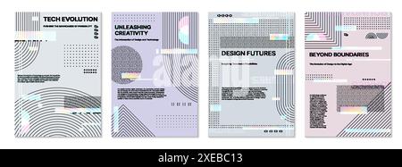Futuristic glitch poster templates and abstract cover backgrounds, vector geometric patterns. Posters with glitch shapes and hologram colors of iridescent gradient for futuristic posters and covers Stock Vector