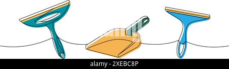 Set of cleaning tools one line colored continuous drawing. Squeegee cleaning glass, scoop continuous one line illustration. Vector linear illustration Stock Vector