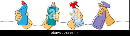 Hands with toilet cleaners one line colored continuous drawing. Cleaning service tools continuous one line illustration. Vector linear illustration. Stock Vector
