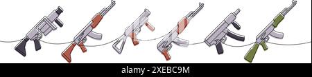 Military weapons one line colored continuous drawing. Grenade launcher, assault rifle AK 47, tactical assault rifles continuous one line illustration. Stock Vector