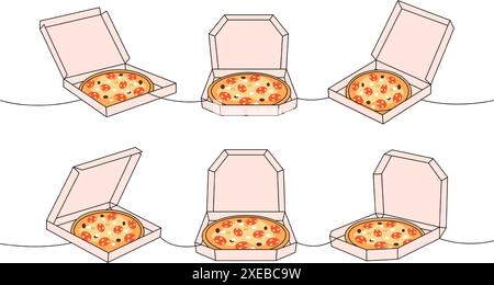 Set of pizza in boxes one line colored continuous drawing. Traditional italian fast food continuous one line illustration. Vector linear illustration. Stock Vector