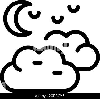 Simple line art illustration of a crescent moon shining over clouds during night time Stock Vector