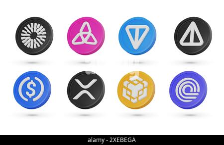 Set with different 3D vector crypto coins. Cryptocurrency symbols, 3D vector icons isolated on a white background. Toncoin, Notcoin, BNB, Mantle, USDC Stock Vector