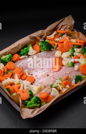 Raw sea bass fish fillet with salt, spices and vegetables in a baking dish Stock Photo