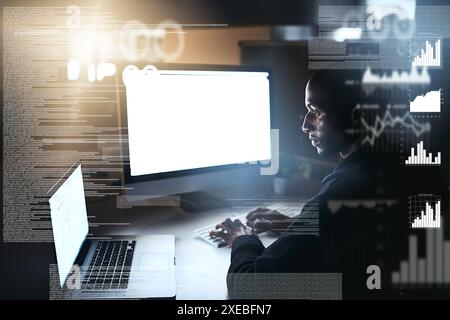 Black man, overlay and computer screen with cybersecurity on fraud or cloning for mockup, information and data. Coding, hacker and cyber crime on Stock Photo