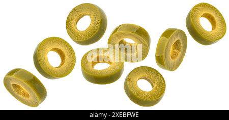 Falling green olive slices isolated on white background Stock Photo