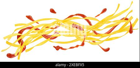 Fettuccine pasta with tomato sauce splash and basil leaves isolated on white background Stock Photo