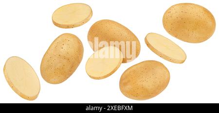 Falling potato slices isolated on white background Stock Photo