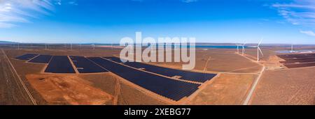 Aerial of the solar farm and wind turbines in Port Augusta Renewable Energy Park (PAREP) South Australia Stock Photo