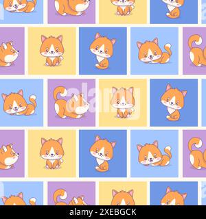 Seamless pattern with cute red cats on colorful background. Funny cartoon kawaii animal. Vector illustration. Kids collection Stock Vector