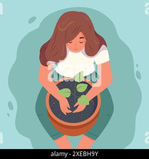 The girl transplants plants. Top view.Woman putting sprout in ceramic flowerpot with soil. Stock Vector