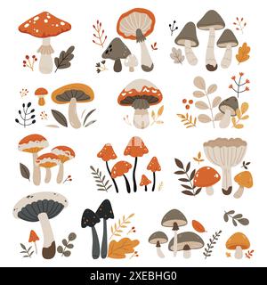 A set of autumn mushrooms.Forest wild mushrooms types.Poisonous and edible mushroom, chanterelle, cep, amanita and truffle isolated vector illustratio Stock Vector