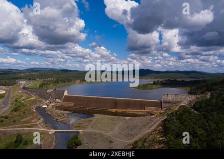 Aerial view of Paradise Dam on the Burnett River near Bundaberg Queensland Australia Stock Photo