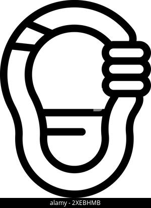 Simple black and white icon of a climbing carabiner, essential gear for mountaineering and rock climbing Stock Vector