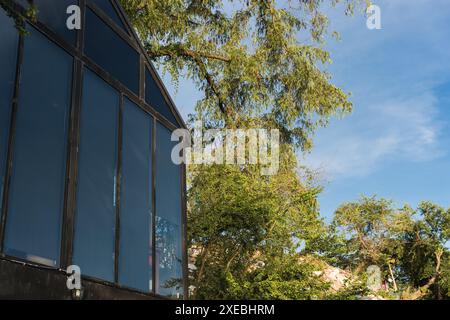 Edge of modern window glass building with tree and blue sky in tropical resort Stock Photo