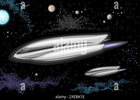 Vector card with Futuristic Spaceships, astronomical horizontal poster with cartoon design strange alien spaceship, flying in deep space, extraterrest Stock Vector