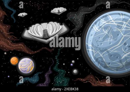 Vector card with Alien Spaceship Armada, astronomical horizontal poster with cartoon design grey strange spaceships, flying in deep space, alien resea Stock Vector