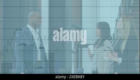 Image of statistical data processing over diverse businesspeople discussing together at office Stock Photo