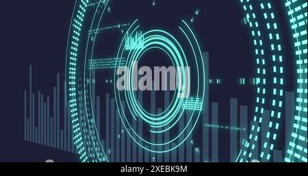 Image of neon round scanner and statistical data processing against blue background Stock Photo