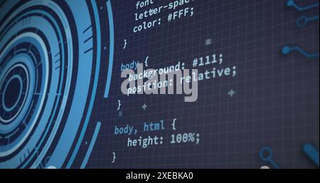 Image of round scanner, data processing and microprocessor connections on blue background Stock Photo