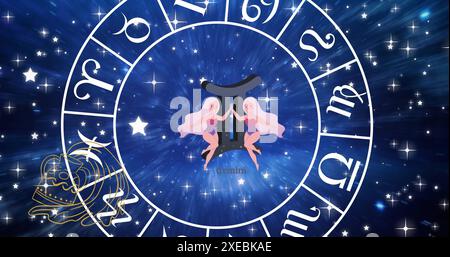 Image of gemini star sign in zodiac wheel on starry night sky Stock Photo