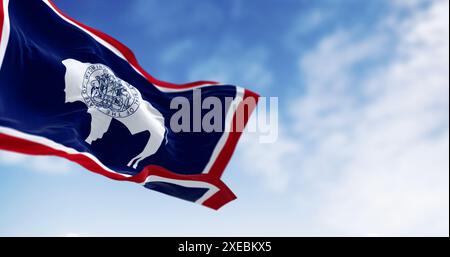 Close-up of Wyoming state flag waving in the wind Stock Photo